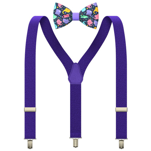 Elephants/Dark Purple Kids Suspenders Set with a bow tie for babies, toddlers boys girls - Bow Tie House